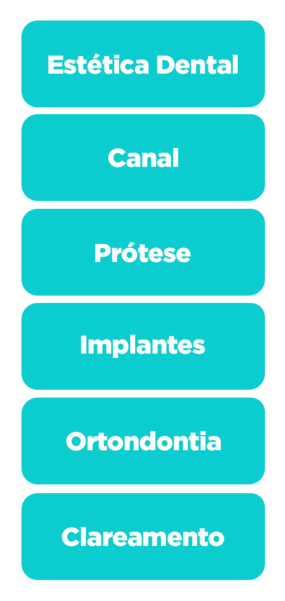 Infográfico com especialidades odontológicas: Estética Dental, Implantes, Canal, Ortodontia, Prótese e Clareamento.